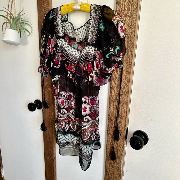 YVOS Boutique Sheer Vibrant Mixed Media Boho Blouse Medium - Picture 3 of 16